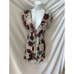 miss chievous Lavender Short Sleeve  Floral Print Low V Neck Dress Elastic Waist